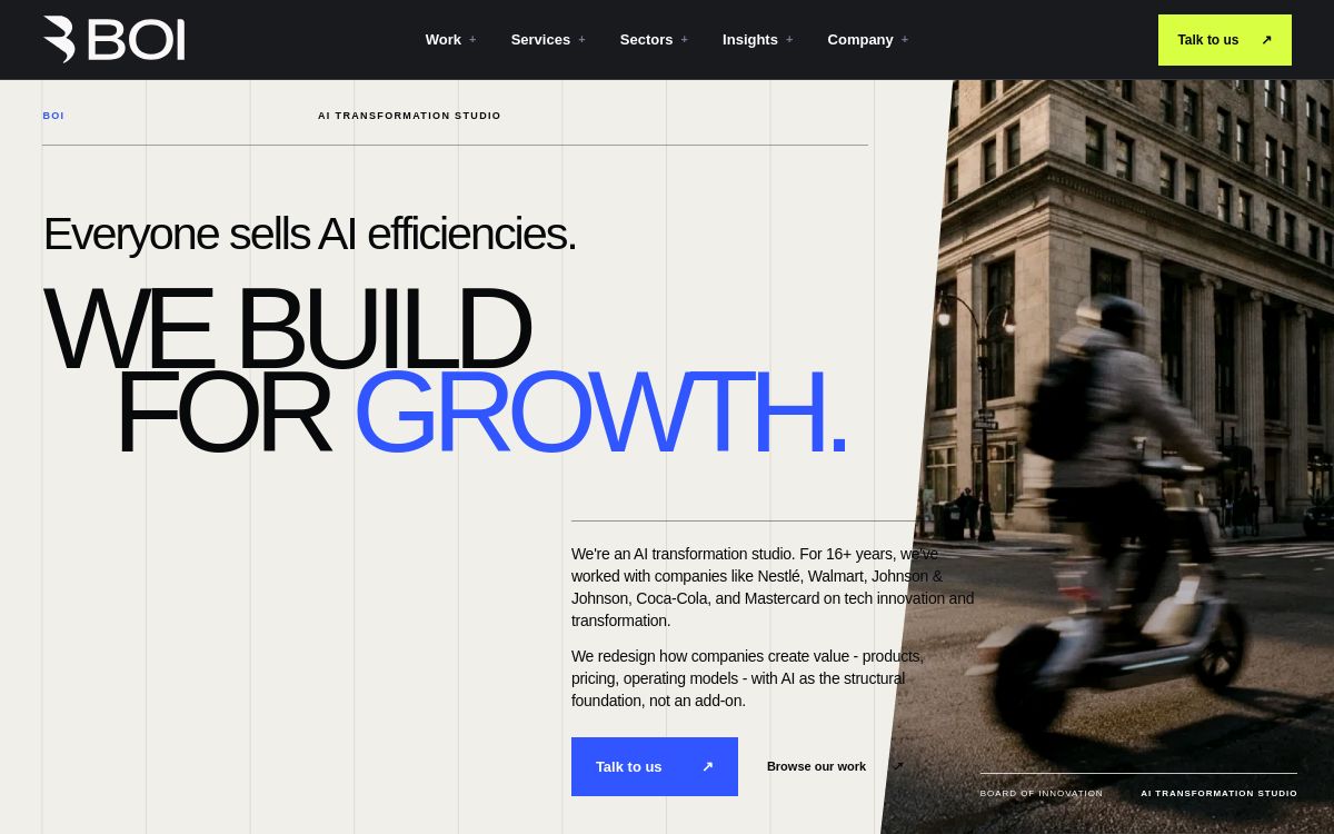 Screenshot van een redesignconcept voor Board of Innovation