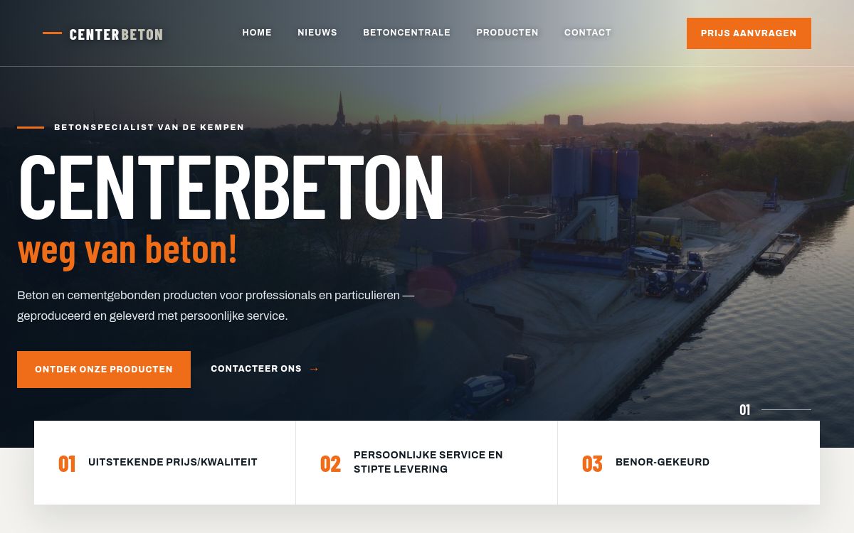 Screenshot van een redesignconcept voor Centerbeton