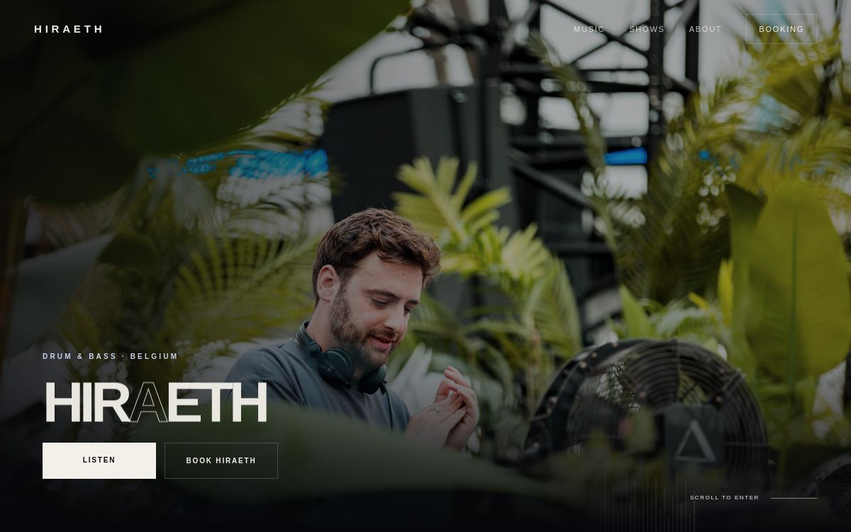 Screenshot van de artiestenwebsite van Hiraeth
